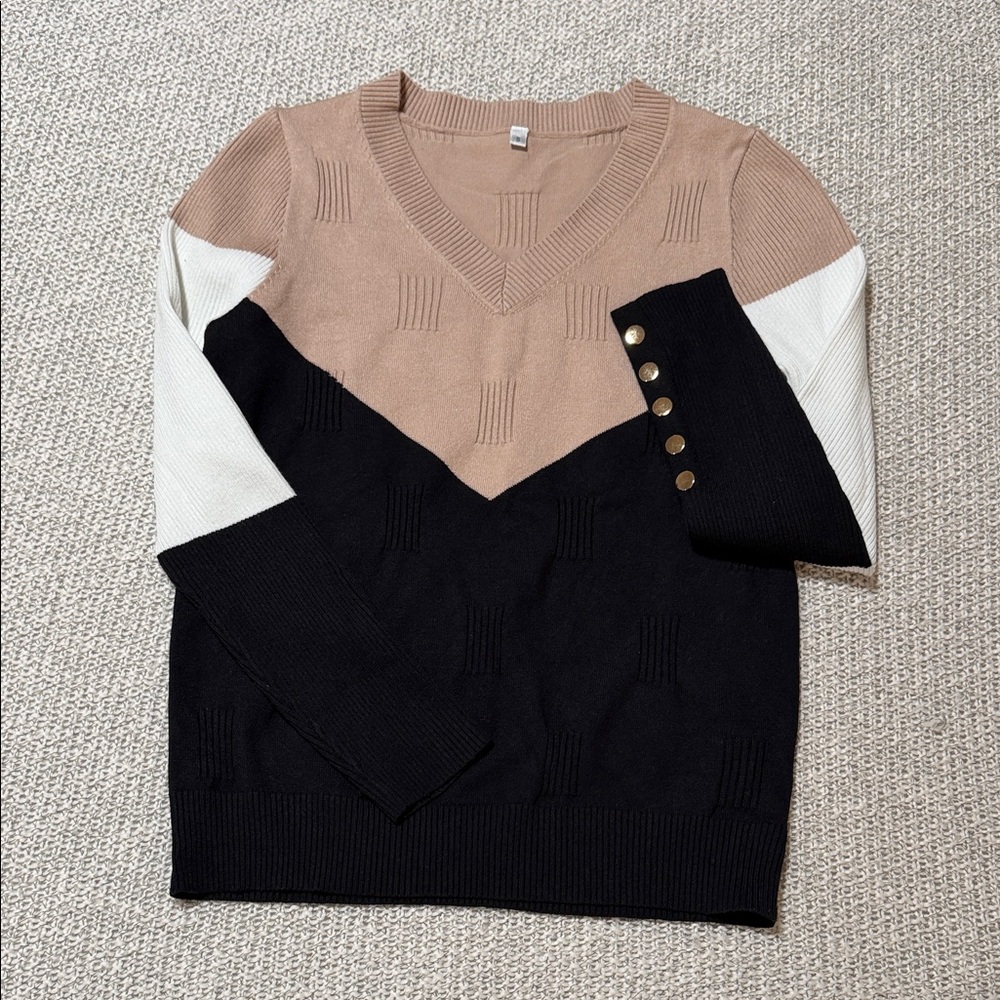 V-Neck Colorblock Button-Sleeve Sweater - Black / Tan / White